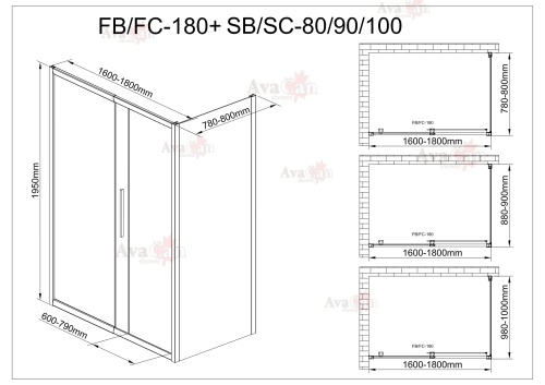 Душевой уголок AvaCan FB 160-180 + SB 80 MT